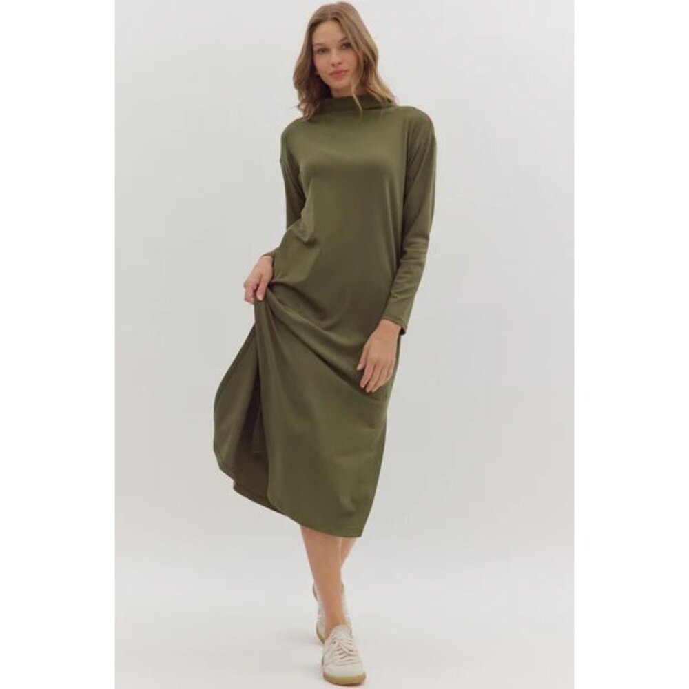 Entro Mock Neck Shift Midi Dress in Olive